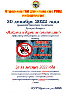 30 декабря 2022 года проводится Единый день безопасности дорожного движения «Алкоголь и дорога не совместимы!»

